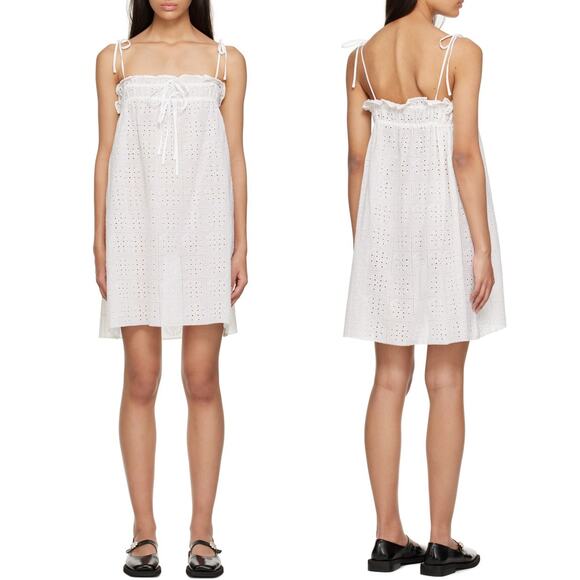 Ganni Broderie Anglaise Mini Dress White Eyelet Lace Tent Tie Strap SZ 14 - Picture 1 of 7